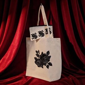 Hand Crafted Black Floral Tote Bag with Pouch